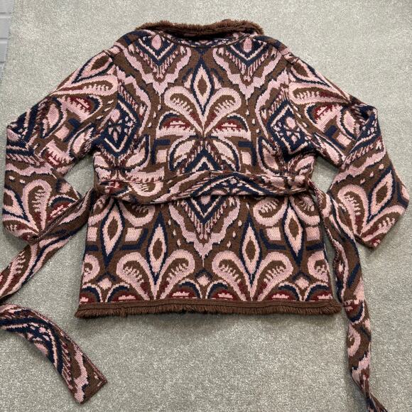Farm Rio Ikat Pineapple Knit Blazer Cardigan Wool Blend Belt Pink Brown Sml Boho - Picture 10 of 16